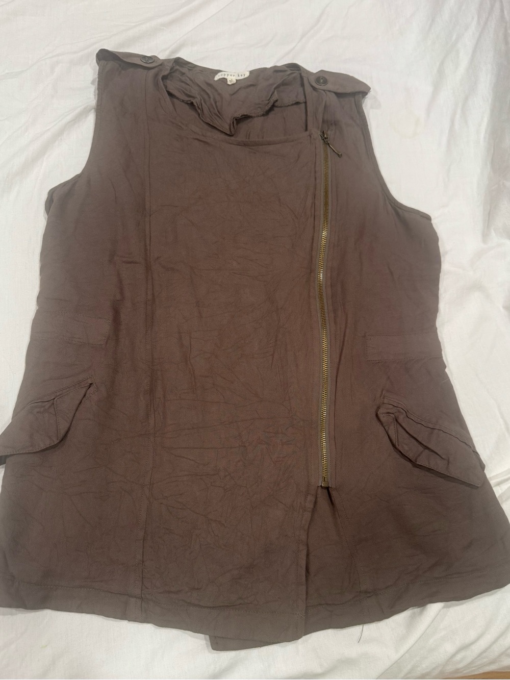 Copper Key Chocolate Brown Sleeveless Zip Pocket Tank